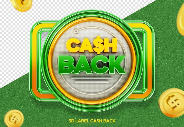 Free PSD a 3d label for cash back is displayed on a transparent background.