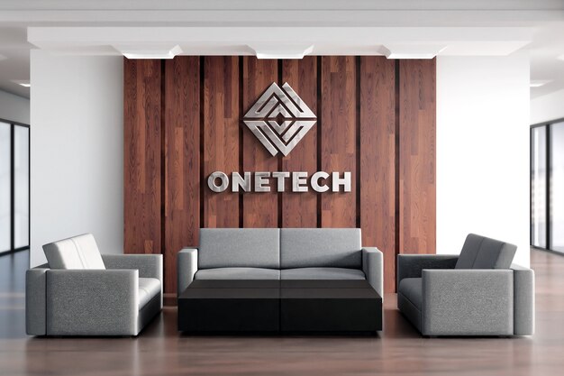 Download Premium Psd Mockup Of Silver 3d Office Logo In Elegant Business Indoor Workspace PSD Mockup Templates