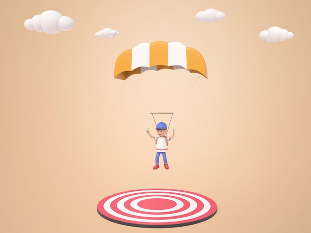 Бесплатный PSD 3d персонаж мужского мультфильма прыгает с парашютом к цели
