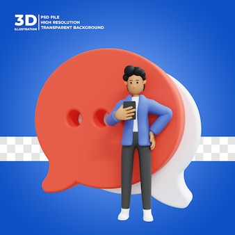 3d male character is using a handphone to chat premium psd