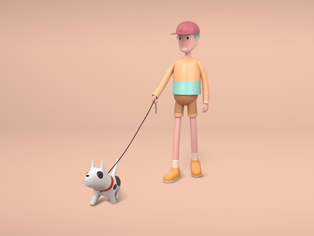 3d man walking leash the dog character