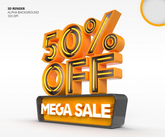 Free PSD 3d mega sale logo with 50 percent discount or offer in 3d rendering design template