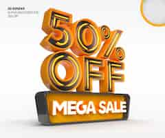 Free PSD 3d mega sale logo with 50 percent discount or offer in 3d rendering design template