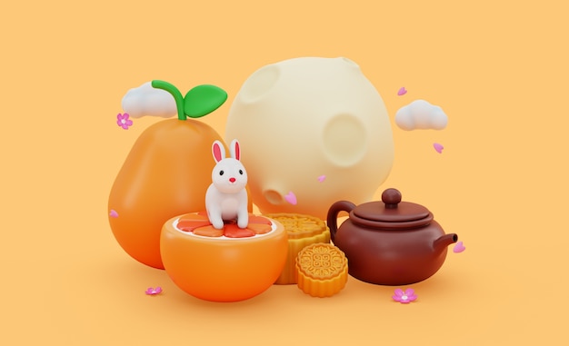 3d mock-up for mid-autumn festival with assortment of elements