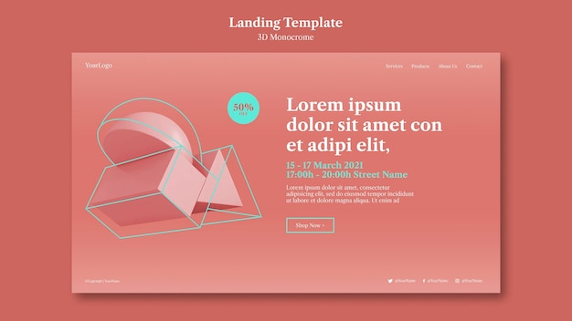 無料PSD 3dモノクロ形状のランディングページ
