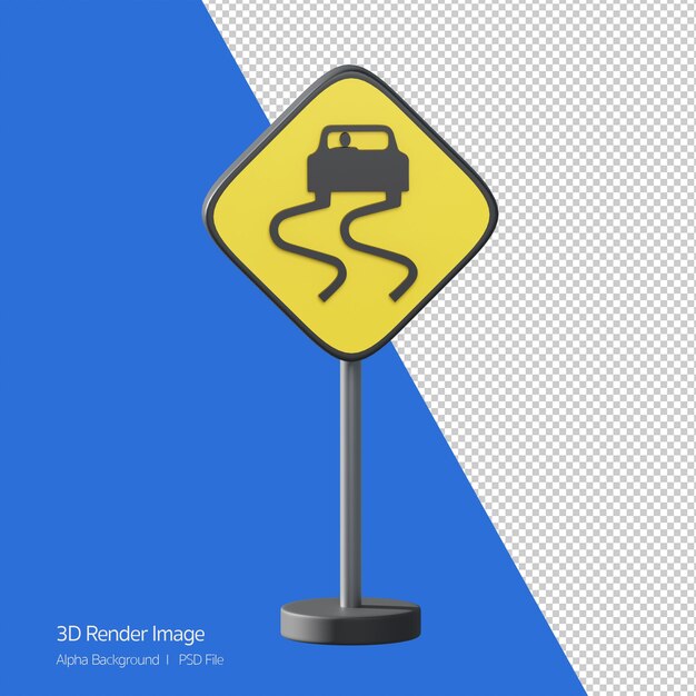 3d object rendering of traffic sign. slippery when wet
