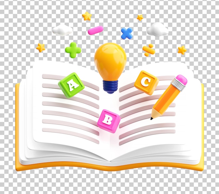 Free PSD 3d open book with light bulb abc blocks and pencil for early learning and education