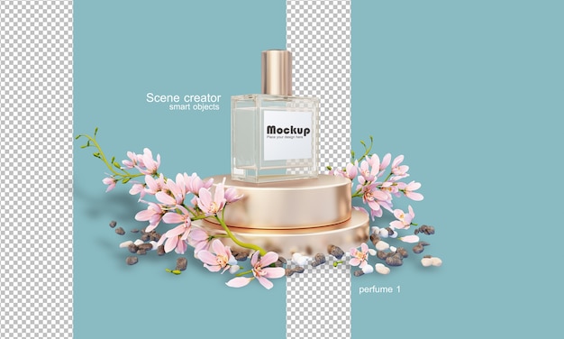 3d perfume bottle illustration among flowers