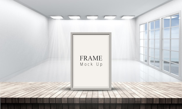 3D picture frame on a wooden table looking out to a white empty room