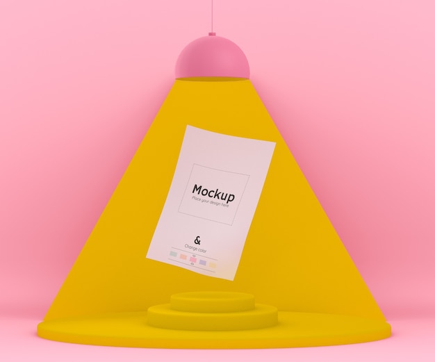 折りたたまれたモックアップ紙シートを照らすランプのある3dピンクと黄色の環境