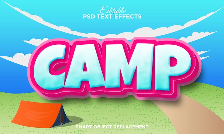Free PSD 3d pink cartoon text effect with summer camp illustration background