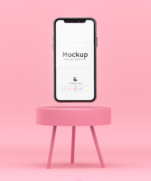 PSD gratuito scena rosa 3d con un telefono cellulare che galleggia su un tavolino e colore modificabile