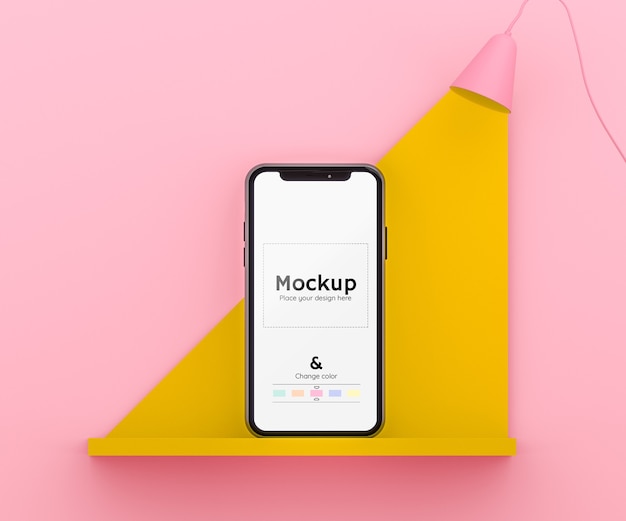 Free PSD 3d pink and yellow scene with a lamp lighting up a cell phone on a shelving and editable color