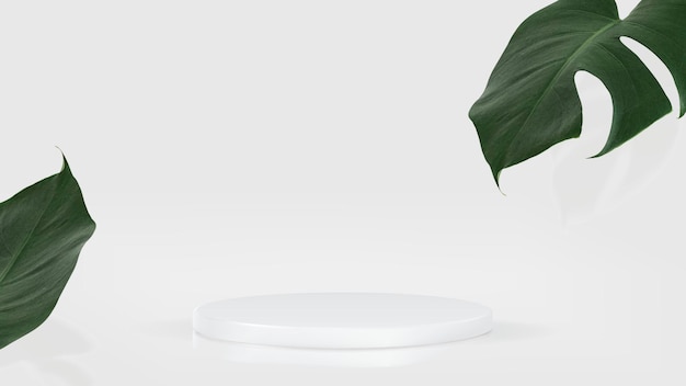 PSD gratuito sfondo di presentazione del prodotto 3d psd con podio bianco e foglia di monstera