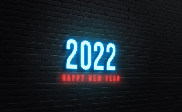 검은 벽돌 벽에 3d 현실적인 네온 2022 새해 복 많이 받으세요 편집 가능한 텍스트 효과