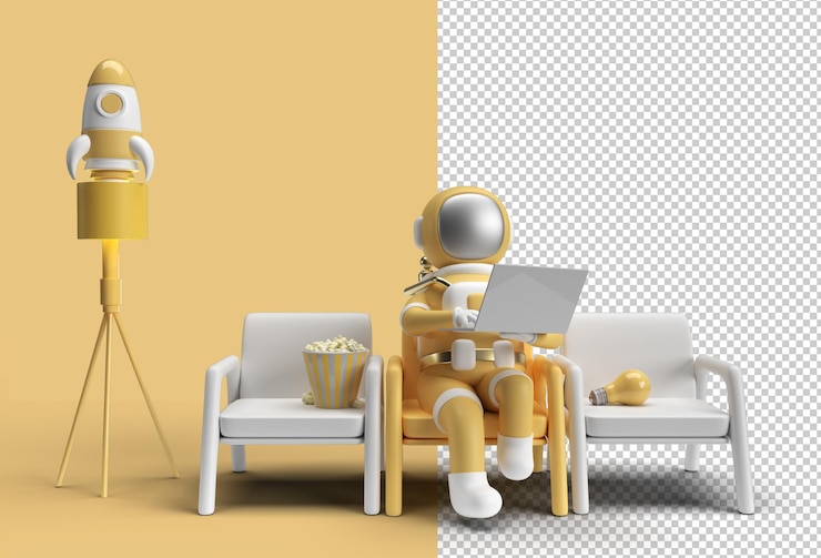  3d render astronaut in spacesuit working on laptop. Premium Psd