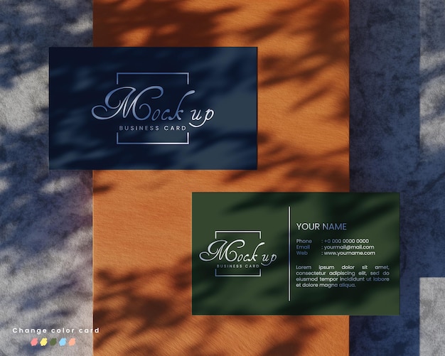 3d визуализация макет визитной карточки с фоном из дерева и бетона и тенью от листьев