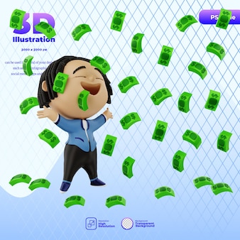 3d render cute businessman very happy with money rain