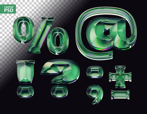 3d render of font set with letters made of glossy green glass