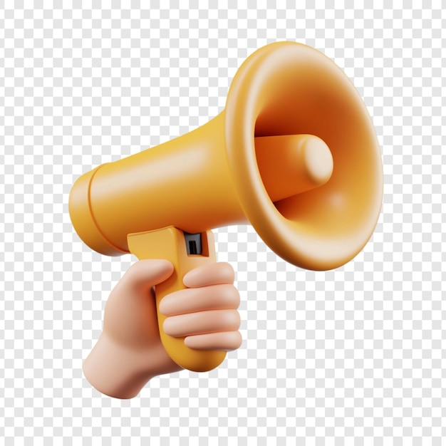 3D Render of a Hand Holding a Yellow Megaphone Announcement Communication Advertising Promotion Marketing Concept