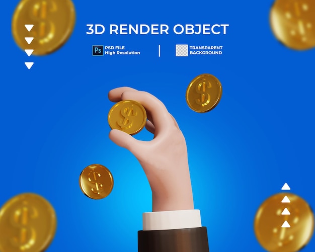 3d render of hand with gold coin icon isolated
