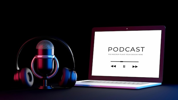3d render of laptop microphone headset with podcast concept mockup