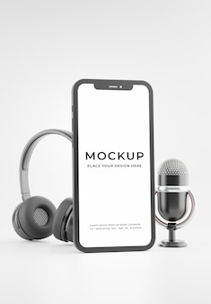 Download Premium Psd 3d Render Of Smartphone Microphone Headset With Padcast Concept Mockup