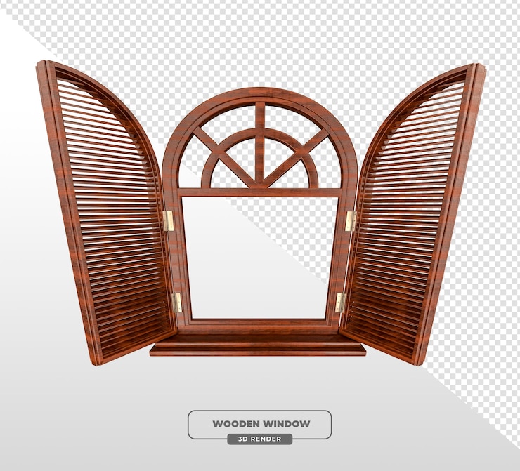 無料PSD 3d レンダリング オープン シャッター の 木製 の 弧形 の 窓