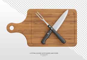 Free PSD 3d render of wooden cutting board with knife and fork on transparent background