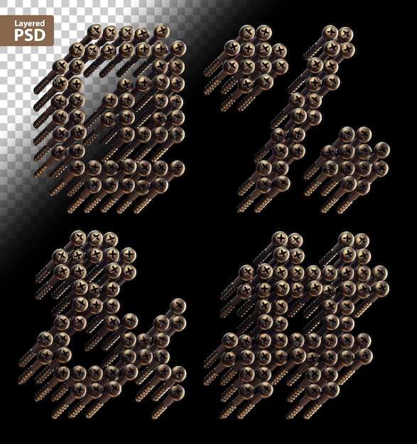 무료 PSD 많은 청동 빈티지 나사로 만든 3d 렌더링된 글꼴 세트