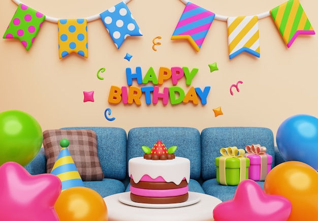 Free PSD 3d rendering of birthday at home illustration