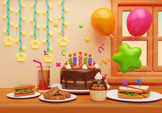 Free PSD 3d rendering of birthday at home illustration