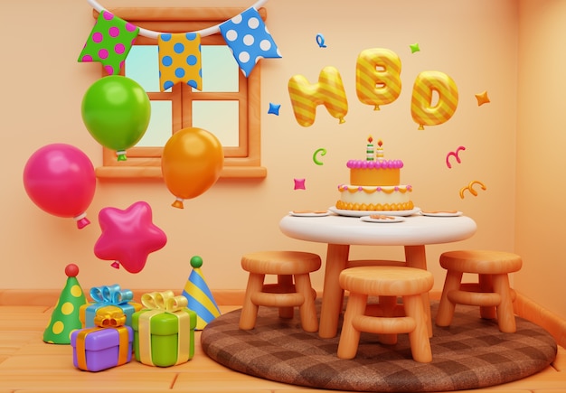 집에서 생일의 3d 렌더링 일러스트레이션
