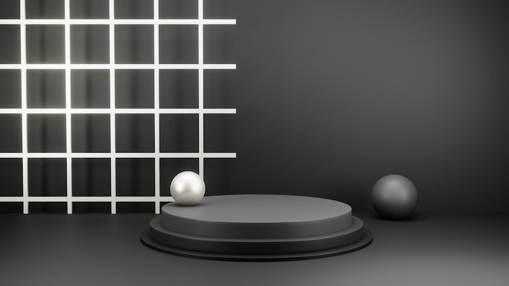 Free PSD 3d rendering of black background and product podium stand studio
