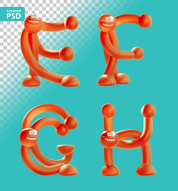 PSD gratuito rendering 3d di esseri umani arancioni dei cartoni animati a forma di lettere dell'alfabeto inglese