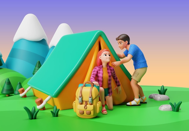 Free PSD 3d rendering of characters camping