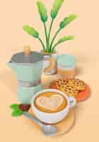 Free PSD 3d rendering of coffee time still life