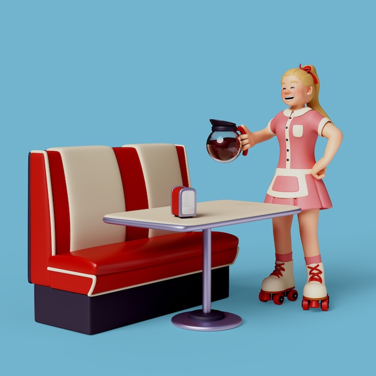 Free PSD 3d rendering of diner waitress character