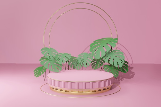 3d rendering empty podium with tropical leaves