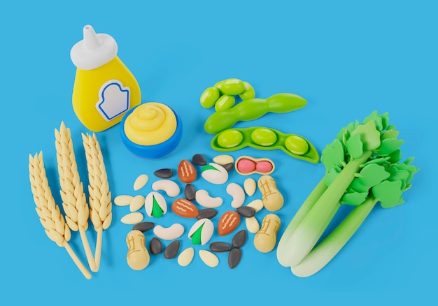 Free PSD 3d rendering of food allergens still life