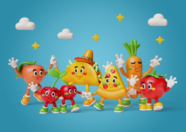 Free PSD 3d rendering of food friends characters