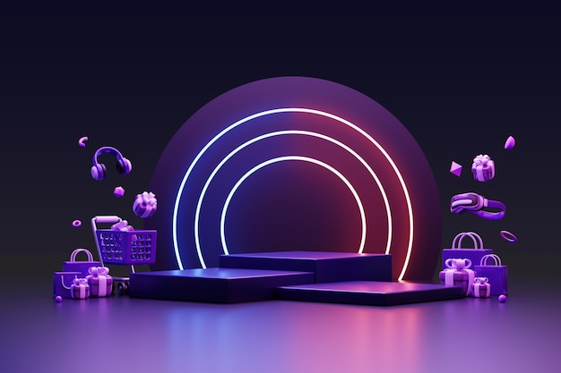 Free PSD 3d rendering of futuristic metaverse sales podium