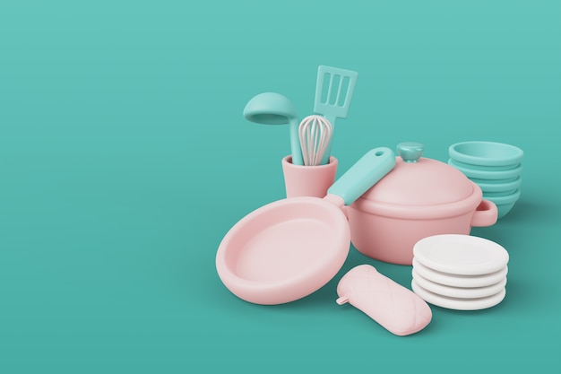 Free PSD 3d rendering of kitchen tools still life