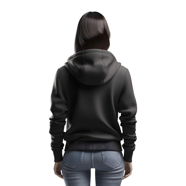 색 바탕에 검은색 후디를 입은 여성 모델의 3d 렌더링