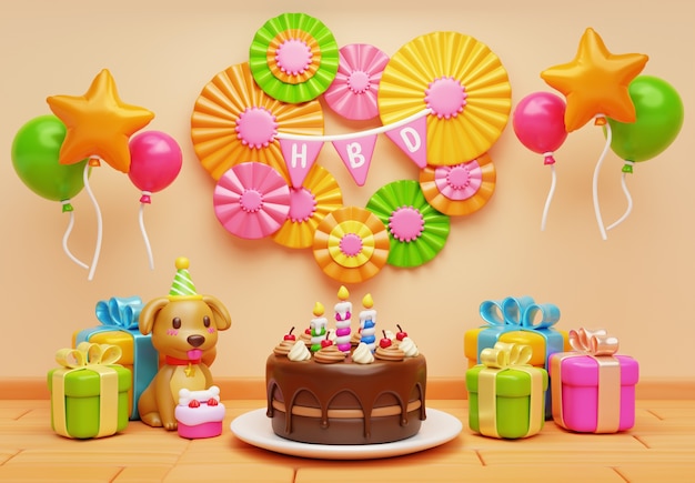 Бесплатный PSD 3d-рендеринг дня рождения на домашней иллюстрации