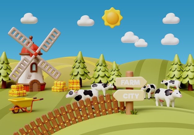 Бесплатный PSD 3d-рендеринг иллюстрации фермы