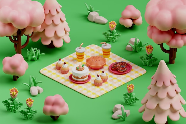 Free PSD 3d rendering of picnic illustration