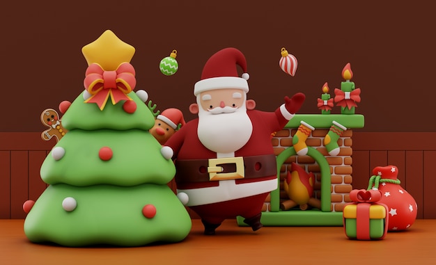 Rendering 3d di babbo natale nel suo soggiorno