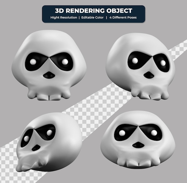 3d rendering scary skull icon with four different poses and editable colo
