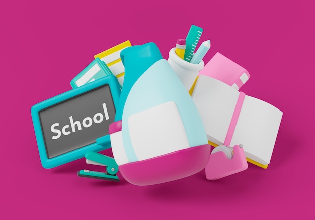 Free PSD 3d rendering of school supplies still life